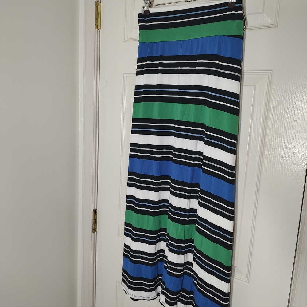 Stretchy Striped Green, Blue, and Black Women's Maxi Skirt